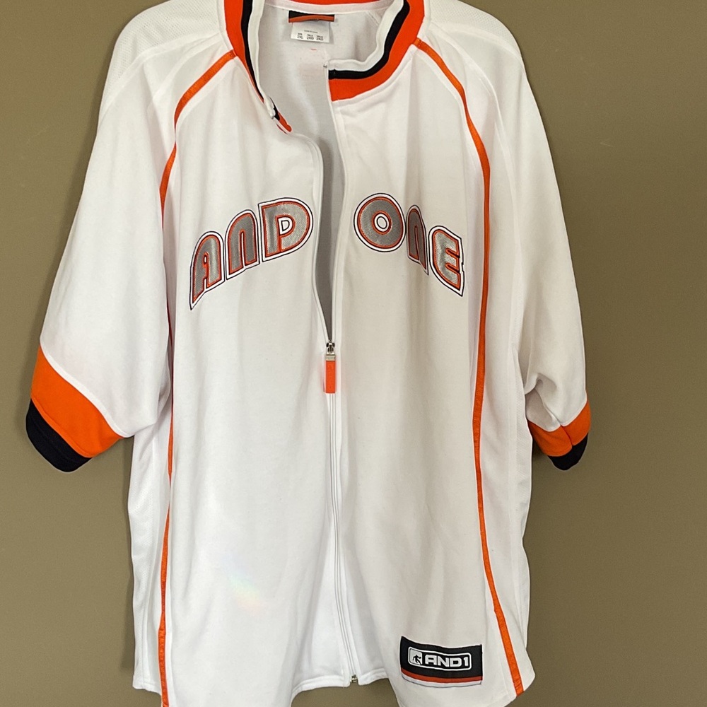 And1 White and Orange Athletic zip up Jersey